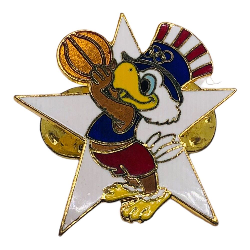 Olympic Memorabilia LA 1984 Sam The Eagle Basketball Star Vintage Hat Lapel Pin - Picture 2 of 6
